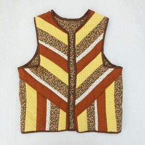 Handmade Quilted Vest Womens Large Brown Floral Patchwork Chevron Open Front